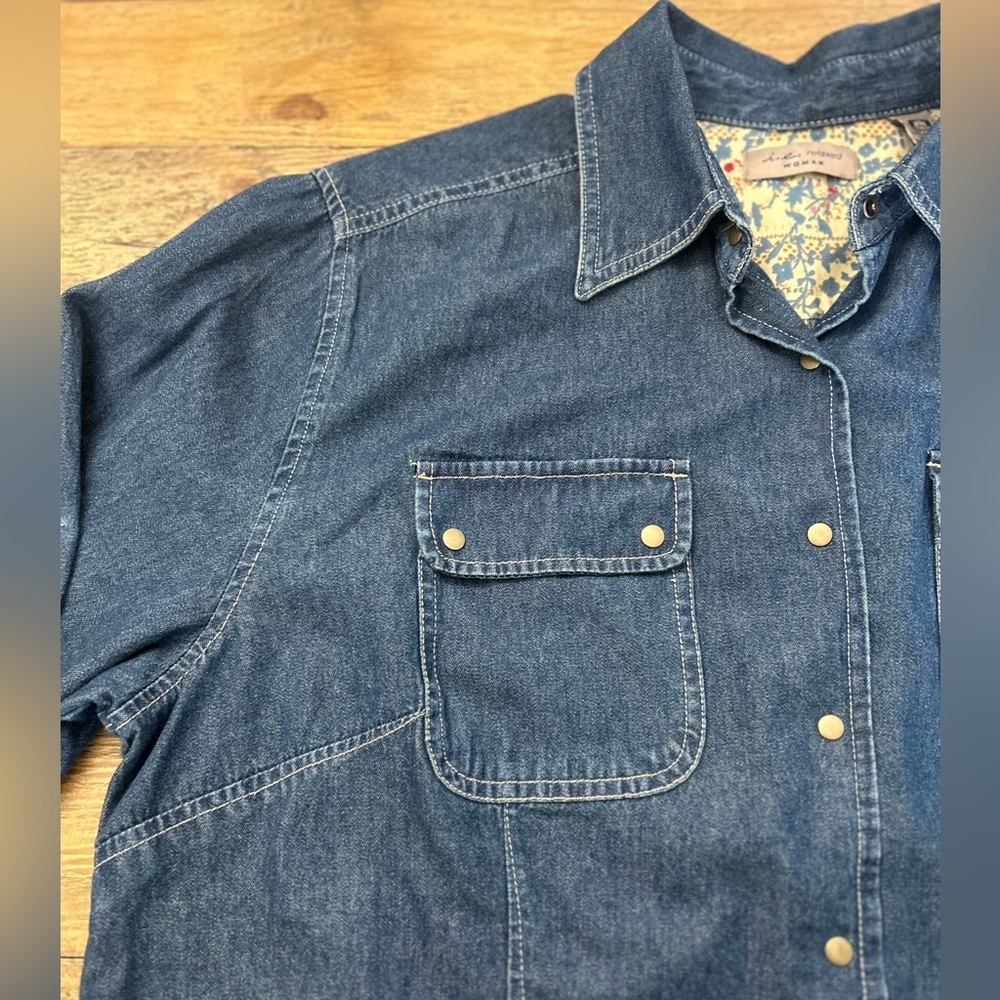 i. e Relaxed Woman Denim Snap Button Western Shirt Dark Wash Long Sleeve Utility - Picture 8 of 15